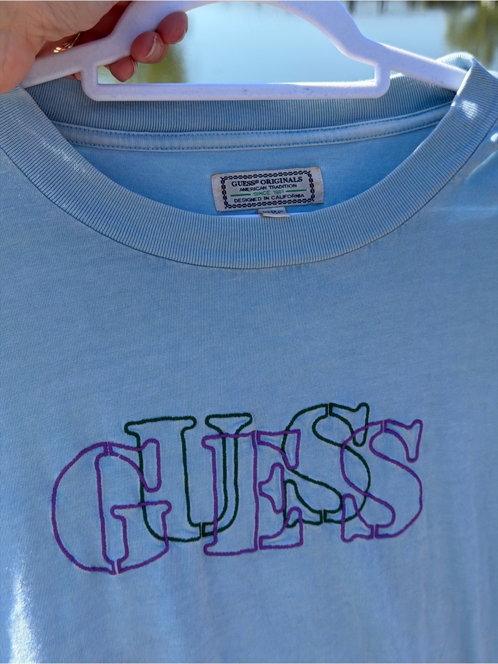 Guess Light Blue Short Sleeve Tee with Multicolor Outline Logo